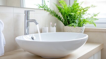 A bright bathroom showcases a white sink with a chrome faucet, complemented by decorative plants, creating a harmonious minimalist aesthetic
