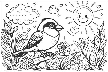 a happy cartoon bird line art illustration