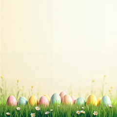 Colorful Easter eggs nestled in green grass with daisies  