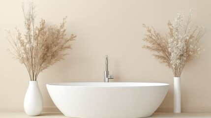 A bright bathroom showcases a white sink with a chrome faucet, complemented by decorative plants, creating a harmonious minimalist aesthetic