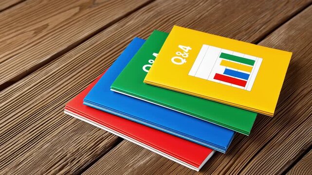 Q4 company report booklet with colorful business and financial charts stacked on wooden table showing detailed paper document data