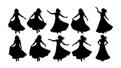 Dancing Silhouettes: A graceful collection of dancing figures in elegant gowns, captured in striking silhouettes. evoking a sense of movement, poise and aesthetic harmony.