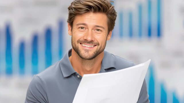 Happy man reading q4 company financial report paper with charts background showing positive business growth and success in latest quarter results