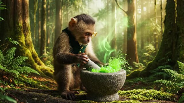 A wise little monkey in an enchanted green forest carefully grinds a magical glowing potion in a stone mortar creating a mystical vapor under beautiful warm sunbeams.