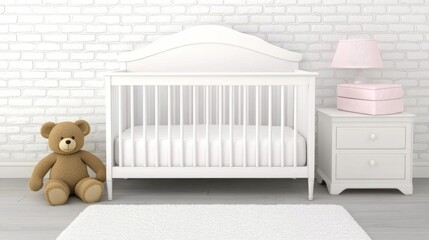 A bright nursery with a white brick wall, an empty crib, a nightstand, and a teddy bear, showcasing a calming and modern atmosphere for a baby