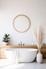 A minimalist bathroom featuring a freestanding tub, natural wood cabinetry, a round mirror, and decorative plants for a serene ambiance.