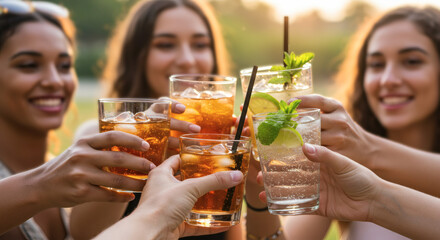 Cheers to friendship Girls toasting drinks outdoors at golden hour with friendship.