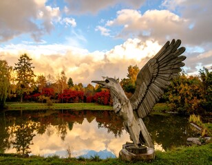 Autumn park scene with wooden bird sculpture