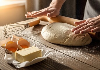 Artisan Baker Kneading Dough on Wooden Table