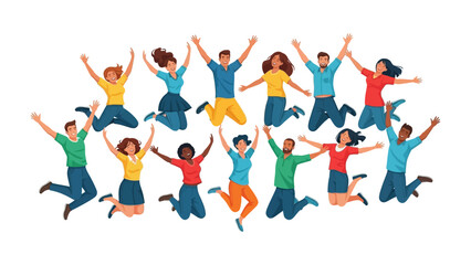 United in Joy: A vibrant ensemble of diverse individuals, united in a moment of collective happiness and freedom, leaps exuberantly into the air against an idyllic background. 
