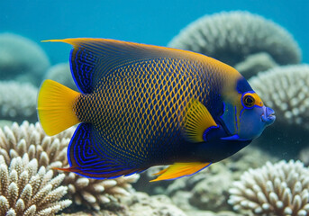 Naklejka premium A vibrant angelfish, positioned in the mid-ground of the image, is swimming to the viewer right