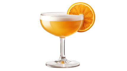 glass of orange juice with orange slice on white background
