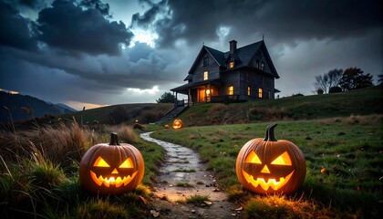 Spooky halloween house night landscape