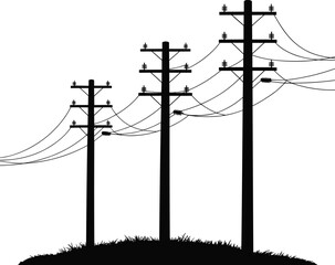 Silhouette of power poles with electrical wires stretching across a grassy hill, utility poles vector illustration, electrical transmission lines