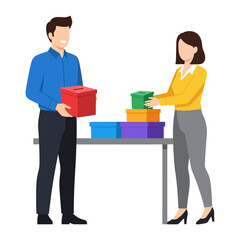 Teamwork and Distribution: A collaborative scene of individuals meticulously organizing and distributing assorted boxes. Emphasizing the core concepts of coordination, allocation.