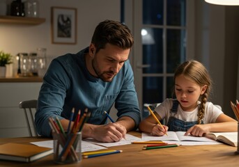 Father and Daughter Enjoying Evening Drawing