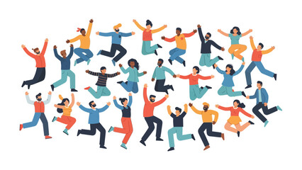 Joyful Ensemble: A diverse and vibrant group of individuals leaps in unison, captured in a joyful illustration, celebrating unity and collective energy. 