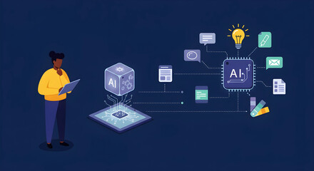 人間とAIが協働しイノベーションを創出する未来のビジネス。生成AI活用のコンセプトを描いたベクターイラスト。