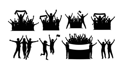 Celebration and Unity in Silhouette: A collection of energetic figures silhouetted against a dynamic, lively background, representing the joy and collective excitement of a crowd celebration.