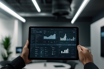 Data visualization in a modern office setting using a tablet during a business meeting