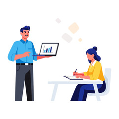 Data Presentation and Learning: A vibrant illustration of a male presenter using a laptop to showcase business growth with female student intently observing in the background.