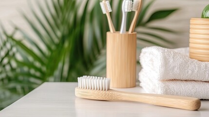 A white table holds green plants and toothbrushes in front of a sink, creating a clean and inviting bathroom environment