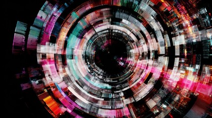 Futuristic digital tunnel with colorful radial motion blur effect on black background.