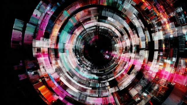 Futuristic digital tunnel with colorful radial motion blur effect on black background.