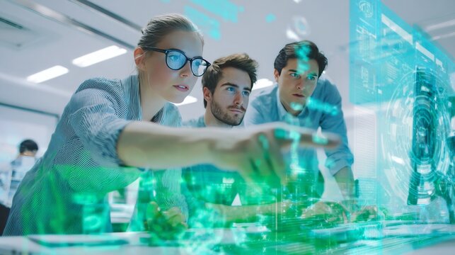 Team collaborating on futuristic interface in modern high-tech office environment. - Powered by Adobe
