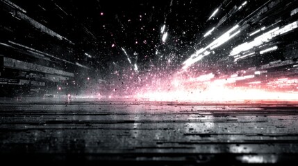 Abstract sci-fi explosion of energy and particles in a digital tunnel space.