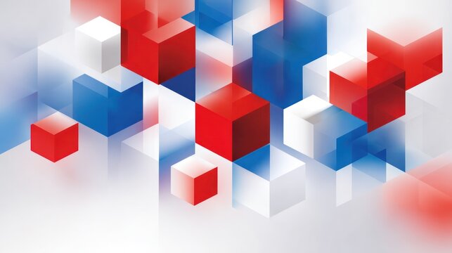 Abstract geometric pattern of overlapping cubes in red, white, and blue