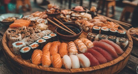 Large wooden platter piled high with diverse sushi