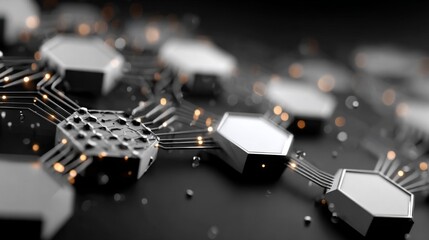 Hexagonal microchip network with glowing circuits on dark background.