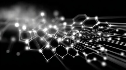 Glowing hexagonal network and circuit lines on dark background in abstract style.
