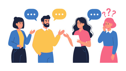 Team Discussion: A dynamic illustration captures four diverse individuals engaged in a vibrant group conversation, fostering a sense of collaboration and communication.