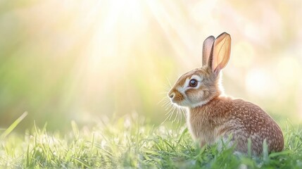 Obraz premium A brown hare sits in vibrant grass, ears up and eyes alert, basking in the gentle warmth of sunlight in a serene meadow