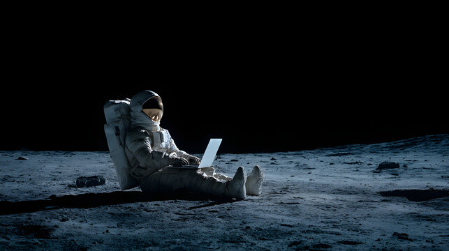Astronaut engaged in remote work on lunar surface with laptop and helmet