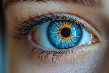 Macro photography of a striking blue eye with intricate iris patterns and vivid details