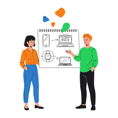 Innovation Showcase: A dynamic duo of innovators engage in a collaborative brainstorming session, sketching out groundbreaking technological concepts with futuristic gadget design.