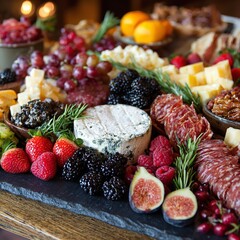 Abundant charcuterie board overflowing with gourmet cheeses, cured meats, fresh fruits, and berries.