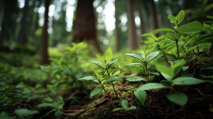 Obraz premium Vibrant green seedlings with dew drops growing on dark moss covered forest soil. Tall trees blur in the natural woodland background.