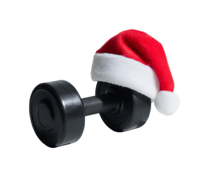 Dumbbell wearing a red santa hat isolated on transparent background.