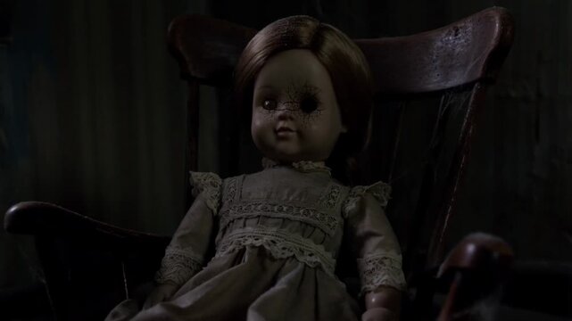Creepy doll with cracked face sitting in old chair illuminated by cinematic horror light. Concept of halloween fear and folklore