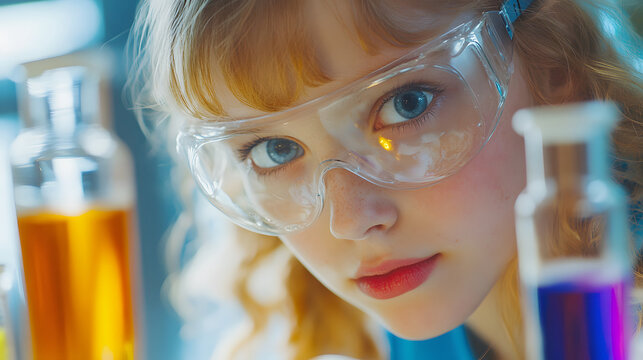 Close-up of a young girl with safety goggles working in a science lab. STEM education and scientific research concept.
 - Powered by Adobe