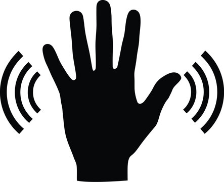 Silhouette of a raised hand with radiating waves, symbolizing motion detection or signal transmission.
