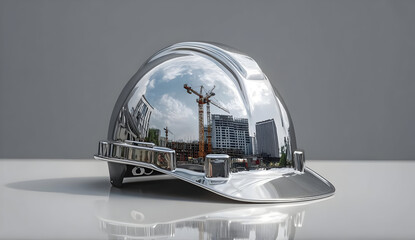 A shiny reflective hard hat capturing a construction site in its surface, showcasing the blend of safety gear and modern architecture.