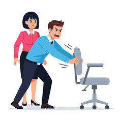 Fototapeta premium Office Conflict: A frustrated man is trying to get chair while woman look sadly, depicting the strains of professional discord.