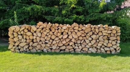 A pile of neatly stacked firewood rests on lush green grass surrounded by a blurred forest in bright daylight