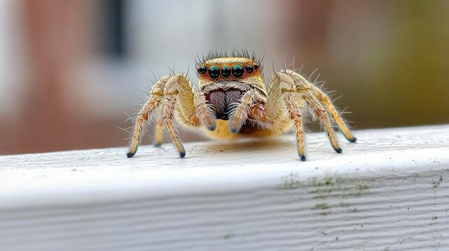 A small brown spider shows intricate details on a white metal window sill, captured in natural light, with a soft, blurred background enhancing its features