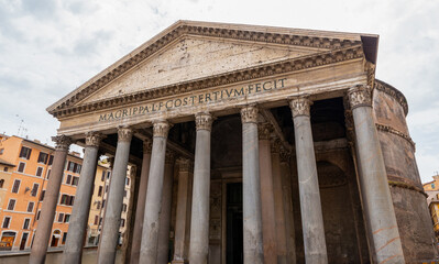Ancient Pantheon temple with inscription and columns in Rome, Italy, representing classical Roman architecture